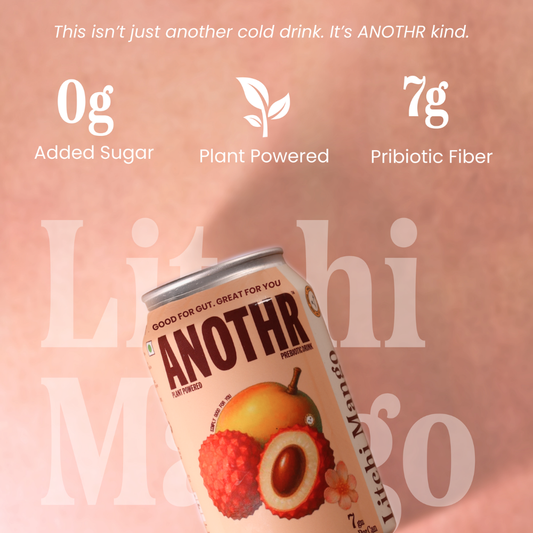Can of 'ANOTHER' plant-powered drink with nutritional information on a pink background,  that says 0gm added sugar, plant powered and 7gm prebotic fiber
This isn't another cold drink, it's anothr kind