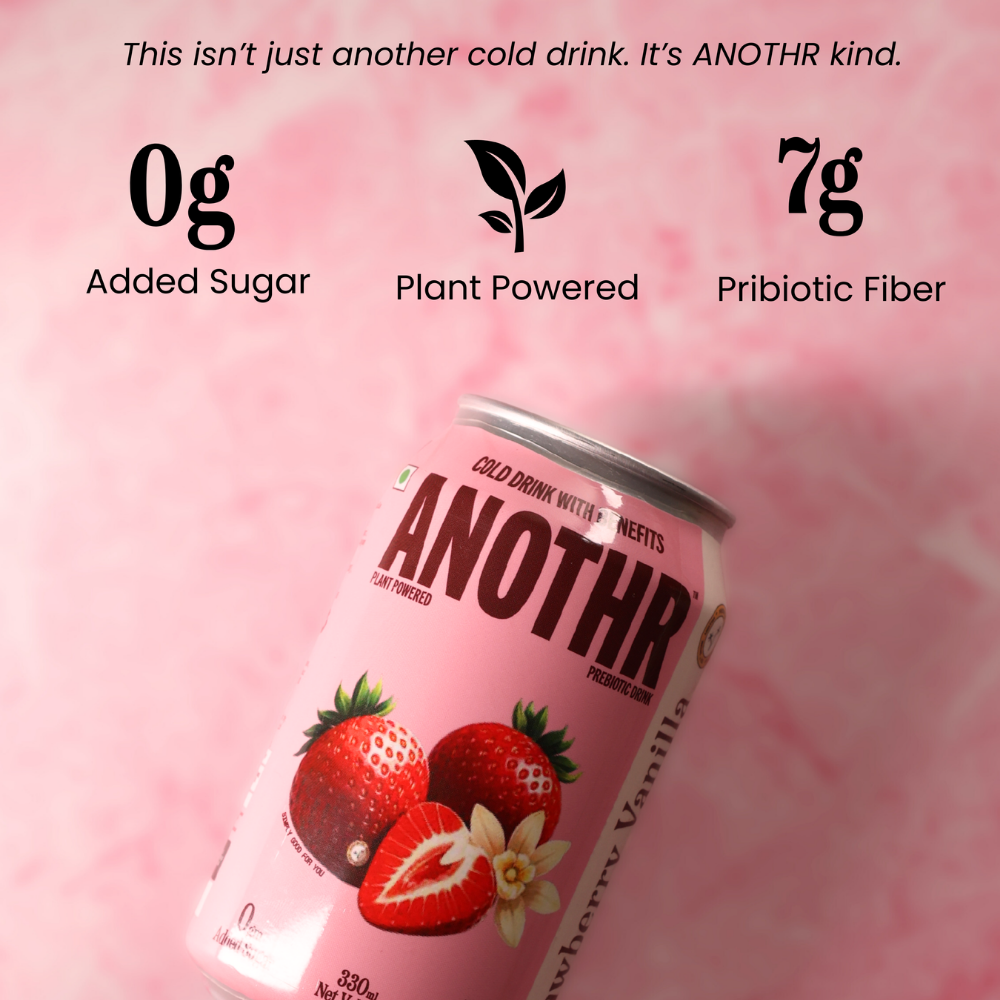Pink can of 'ANOTHER' strawberry vanilla flavor with nutritional information on a pink background that says 0gm added sugar, plant powered and 7gm prebotic fiber