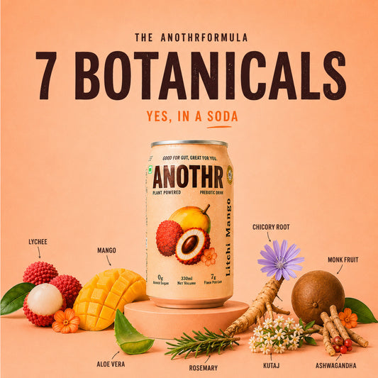 A promotional product shot of a can of ANOTHR '7 Botanicals' probiotic drink, styled on a peach background with illustrated and photographic botanical ingredients labeled around it, including lychee, mango, aloe vera, rosemary, chicory root, monk fruit, and ashwagandha.