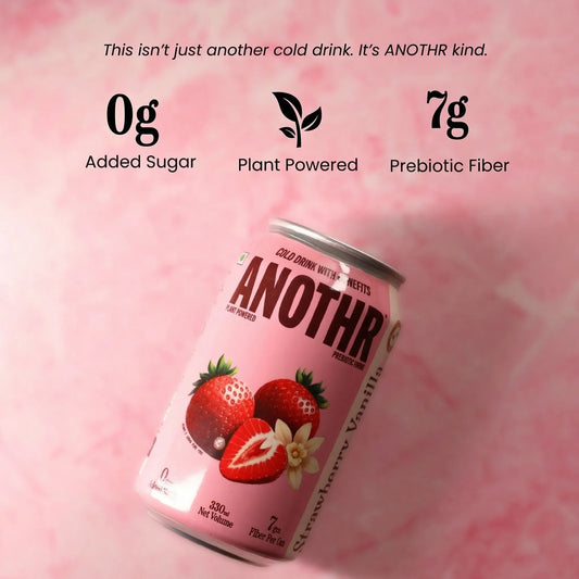 Pink can of 'ANOTHR Prebiotic Cold Drink' strawberry vanilla flavor soda with nutritional information on a pink background that says 0gm added sugar, plant powered and 7gm prebotic fiber