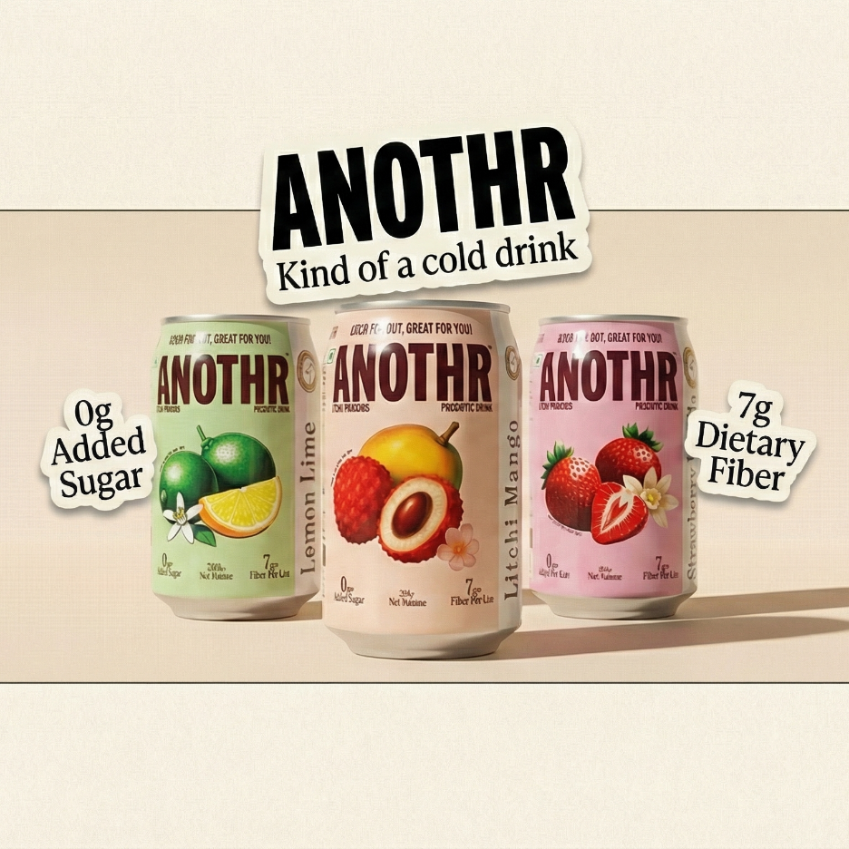 Three cans of 'ANOTHR Prebiotic Soda' brand drinks with fruit illustrations on a beige background