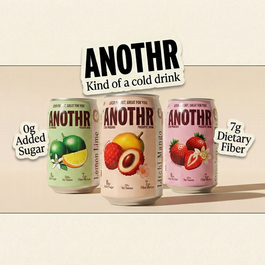 Three cans of 'ANOTHR Prebiotic Soda' brand drinks with fruit illustrations on a beige background