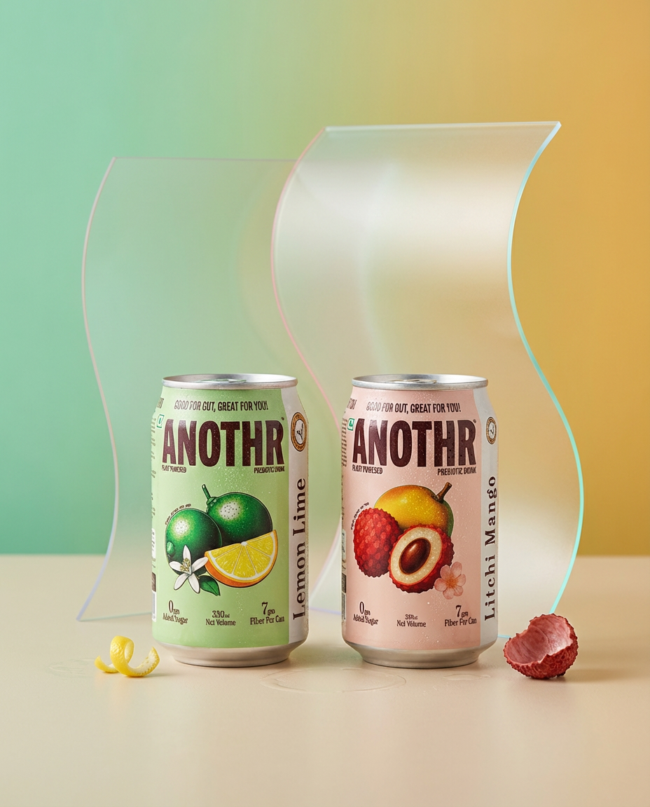 Two cans of 'ANOTHR' prebiotic drinks with fruit graphics on a colorful background