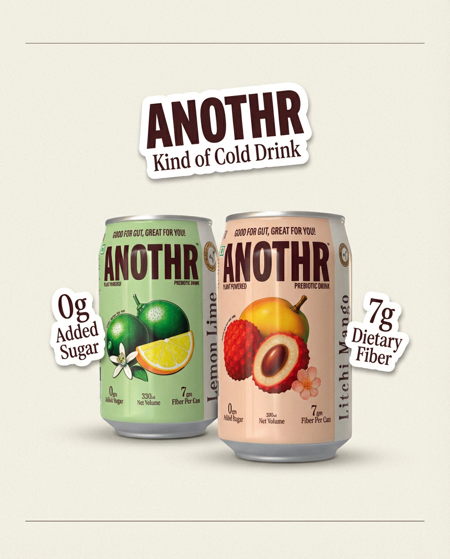Two cans of 'ANOTHR' cold drink with fruit illustrations and health benefits text on a beige background.