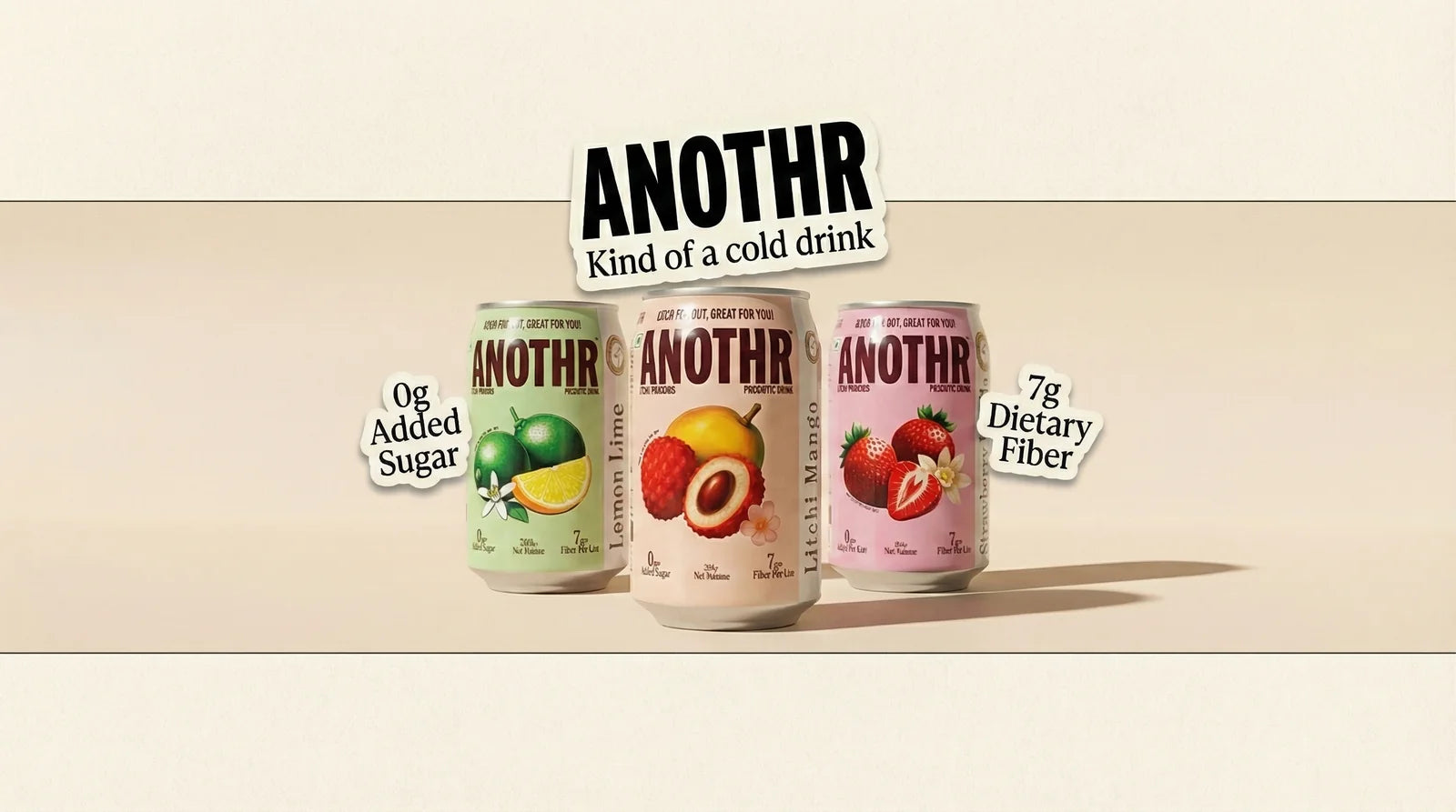 ANOTHR three flavours of prebiotic cold drink: Lemon Lime, Litchi Mango, Strawberry